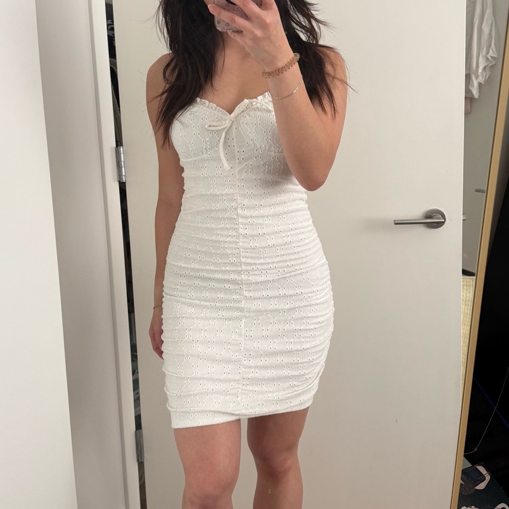 NWT H&M White Ruched Eyelet Sleeveless Mini Dress